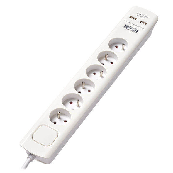 Tripp Lite TLP6F18USB 6-Outlet Surge Protector with USB Charging - French Type E Outlets, 220-250V, 16A, 1.8 m Cord, Type E Plug, White TLP6F18USB 037332251510