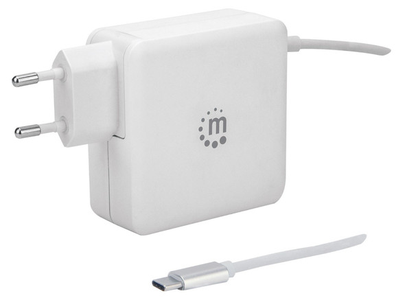 Manhattan Wall/Power Mobile Device Charger (Euro 2-pin), USB-C and USB-A ports, USB-C Output: 60W / 3A, USB-A Output: 2.4A, USB-C 1m Cable Built In, White, Phone Charger, Three Year Warranty, Box 180245 766623180245