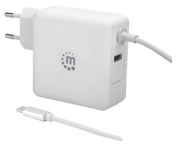 Manhattan Wall/Power Mobile Device Charger (Euro 2-pin), USB-C and USB-A ports, USB-C Output: 60W / 3A, USB-A Output: 2.4A, USB-C 1m Cable Built In, White, Phone Charger, Three Year Warranty, Box 180245 766623180245
