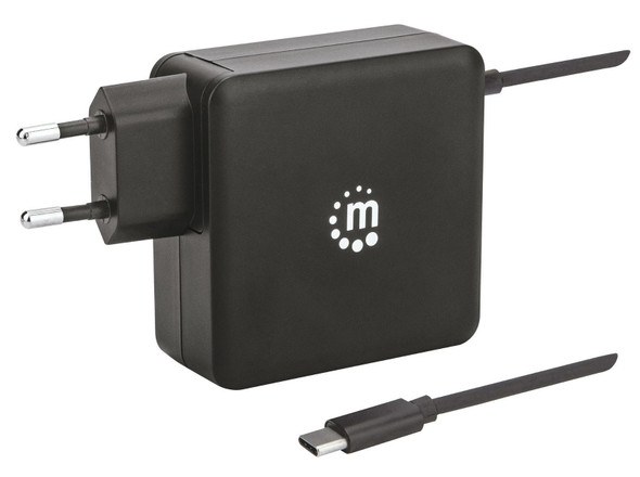 Manhattan Wall/Power Mobile Device Charger (Euro 2-pin), USB-C and USB-A ports, USB-C Output: 60W / 3A, USB-A Output: 2.4A, USB-C 1m Cable Built In, Black, Phone Charger, Three Year Warranty, Box 180238 766623180238