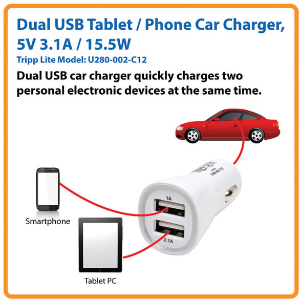 Tripp Lite U280-002-C12 Dual-Port USB Tablet / Phone Car Charger, 5V 3.1A / 15.5W U280-002-C12 037332184283