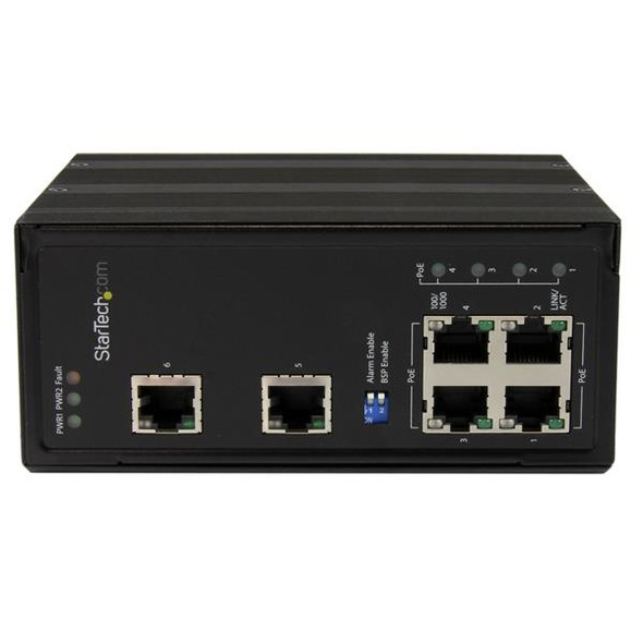 StarTech.com 6 Port Unmanaged Industrial Gigabit Ethernet Switch w/ 4 PoE+ Ports and Voltage Regulation - DIN Rail / Wall-Mountable IES61002POE 065030854788