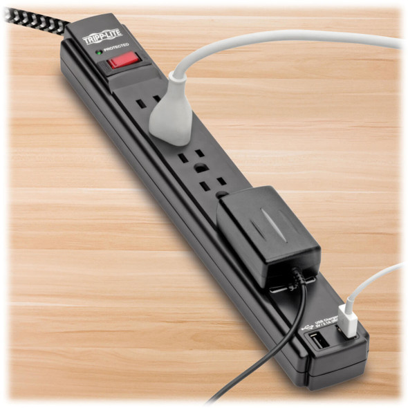 Tripp Lite Safe-IT 6-Outlet Surge Protector - 2 USB Ports, 10 ft. Cord, 5-15P Plug, 990 Joules, Antimicrobial Protection, Black TLP610BUAM 037332263612