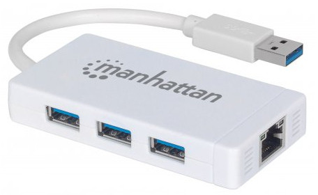 Manhattan USB-A 3-Port Hub with Gigabit Ethernet Adapter, 3x USB-A Ports, 5 Gbps (USB 3.2 Gen1 aka USB 3.0), 1x Ethernet 10/100/1000Mbps network, Equivalent to Startech ST3300GU3B, RJ45, SuperSpeed USB, White, Blister 507578 766623507578