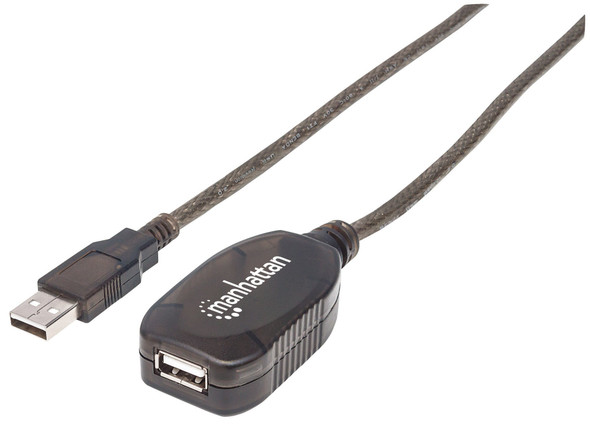 Manhattan USB-A to USB-A Extension Cable, 15m, Male to Female, Active, 480 Mbps (USB 2.0), Daisy-Chainable, Built In Repeater, Equivalent to Startech USB2AAEXT15M (except colour), Hi-Speed USB, Translucent Silver, 152365 766623152365