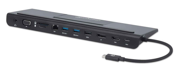 Manhattan USB-C Dock/Hub with Card Reader and MST, Ports (x9): Audio 3.5mm, DisplayPort, Ethernet, HDMI, USB-A (x3), USB-C and VGA, With Power Delivery (100W) to USB-C Port 153478 766623153478