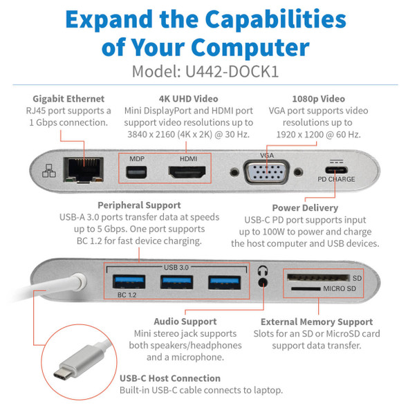 Tripp Lite U442-DOCK1 USB-C Dock, Dual Display - 4K HDMI/mDP, VGA, USB 3.2 Gen 1, USB-A/C Hub, GbE, Memory Card, 100W PD Charging U442-DOCK1 037332193834