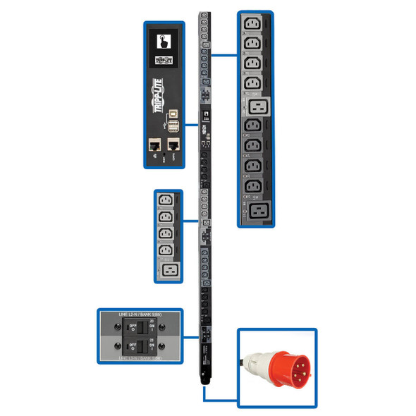 Tripp Lite PDU3XEVSR6G32B 23kW 220-240V 3PH Switched PDU - LX Interface, Gigabit, 30 Outlets, IEC 309 32A Red 380-415V Input, LCD, 1.8 m Cord, 0U 1.8 m Height, TAA PDU3XEVSR6G32B 037332195456