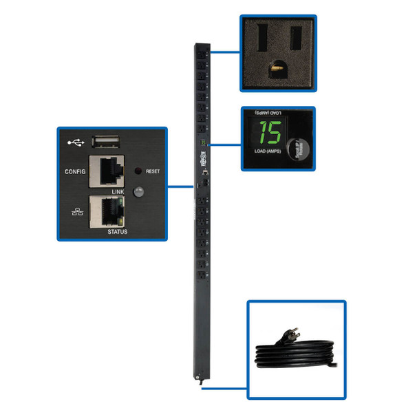Tripp Lite 1.4kW Single-Phase Switched PDU with LX Platform Interface, 120V Outlets (16 5-15R), 10 ft. Cord w/5-15P, 0U, TAA PDUMV15NETLX 037332205193
