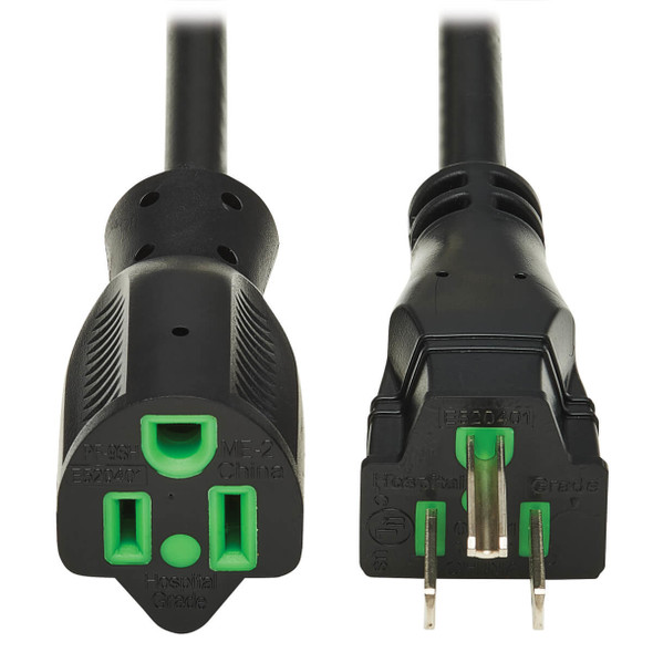 Tripp Lite Safe-IT Antibacterial Hospital-Grade Extension Cord, 5-15P to 5-15R - Green Dot, 13A, 125V, 16 AWG, Black, 15 ft. (4.6 m) P022AB-015-HG 037332266156