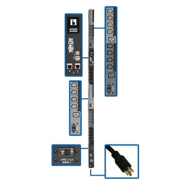 Tripp Lite 10kW 3-Phase Switched PDU, LX Interface, 200/208/240V Outlets (24 C13/6 C19), LCD, NEMA L21-30P, 1.8m/6 ft. Cord, 0U 1.8m/70 in. Height, TAA 037332195395