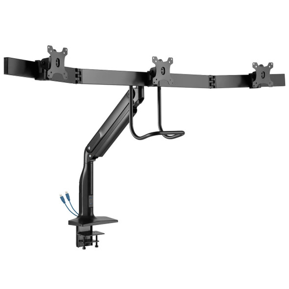 Tripp Lite DMPDT1732AM Safe-IT Precision-Placement Triple-Display Desk Clamp with Antimicrobial Tape for 17” to 32” Displays, USB Ports 037332268242