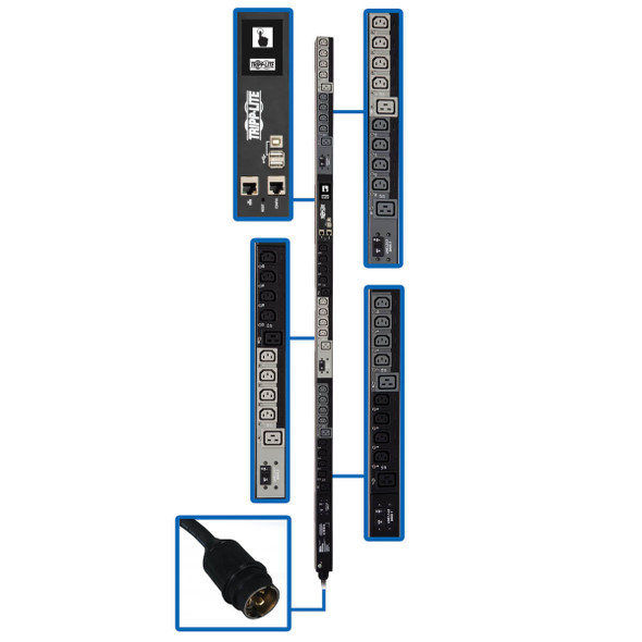 Tripp Lite 14.5kW 3-Phase PDU, Vertical, Switched, 0U, 24 IEC C13, 6 IEC C19 to Hubbell 50A CS8365C - 6 ft. Cord, TAA 037332206725