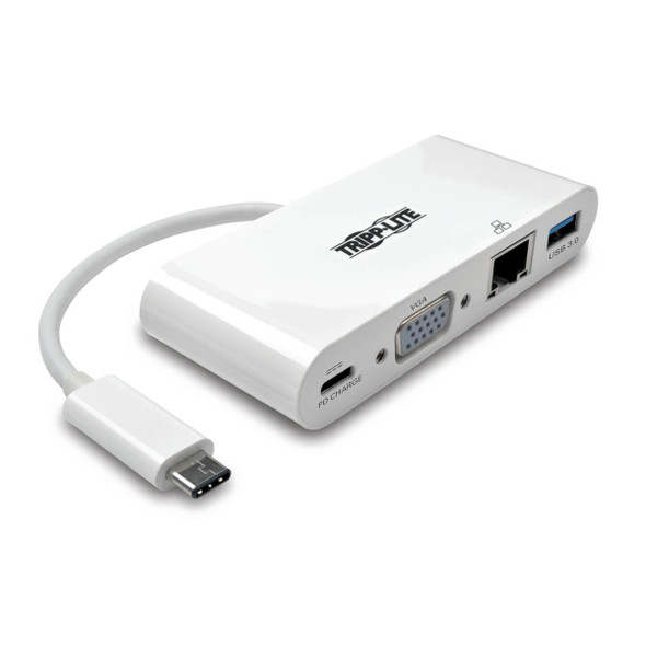 Tripp Lite U444-06N-VGU-C USB-C Multiport Adapter, VGA, USB-A Port, Gbe and PD Charging, White 037332193728