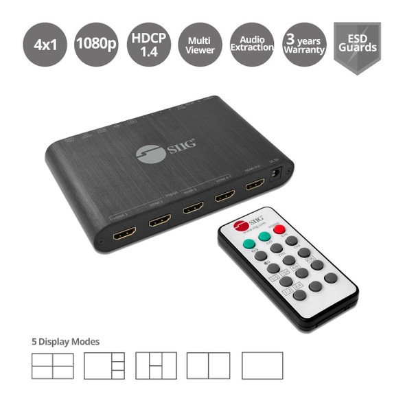 SIIG AC CE-H25R11-S1 FullHD 4x1 HDMI Seamless Quad-Split Multi-Viewer Switcher