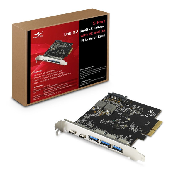 Vantec Controller Card UGT-PC3A2C 5Port USB3.2 Gen2x2 (20Gbps) With 2C And 3A PCIe Host Card Retail