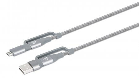 Manhattan USB-C & USB-A 4-in-1 Charge & Sync Cable, 1m, USB-C & USB-A to USB-C, USB-A and Micro-B, 480 Mbps (USB 2.0), 3A / 60W (fast charging), Male to Male, Braided Design, Space Grey, Lifetime Warranty, Boxed 766623390606