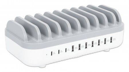 Manhattan Charging Station, 10x Ports: 3x USB-C (up to 18W PD) and 7x USB-A (up to 12W), 120W Total Output, White/Grey, Three Year Warranty, Box 766623180856