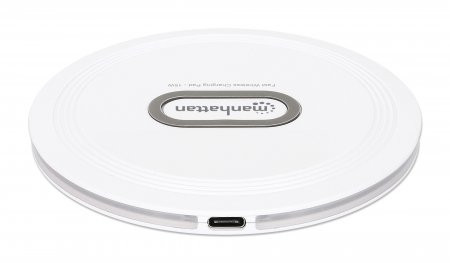 Manhattan Smartphone Wireless Charging Pad, Up to 15W charging (depends on device), QI certified, USB-C to USB-A cable included, USB-C input into pad, Cable 80cm, White, Three Year Warranty, Boxed 766623406024