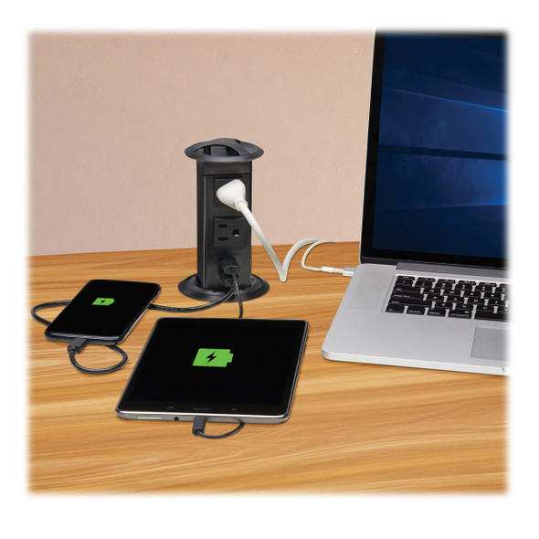 Tripp Lite Power It! 2-Outlet Pop-Up Power and Charging Dock - 2x USB-A, 6 ft. Cord, Antimicrobial Protection, Black 037332271914