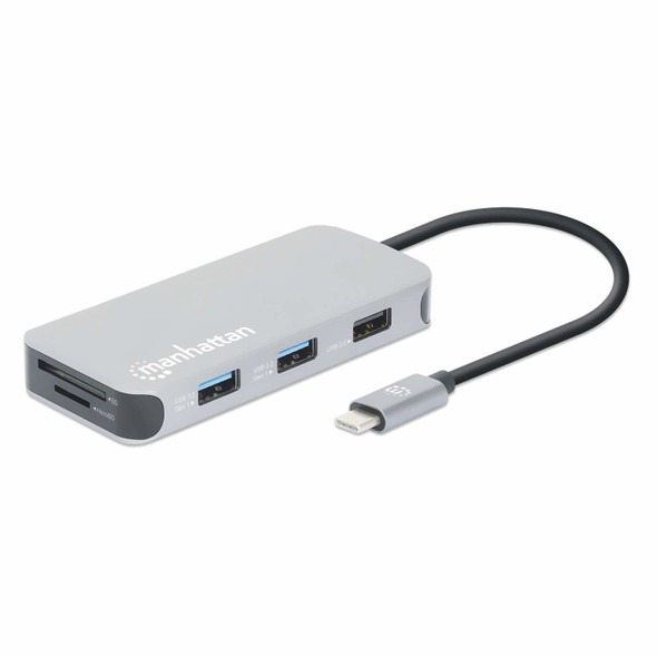 Manhattan USB-C Dock/Hub with Card Reader, Ports (x6): Ethernet, HDMI, USB-A (x3) and USB-C, With Power Delivery (10W) to USB-C Port, Cable 15cm, Aluminium, Silver, Three Year Warranty, Retail Box 766623130615