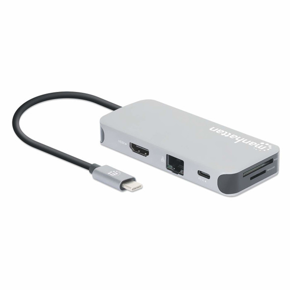 Manhattan USB-C Dock/Hub with Card Reader, Ports (x6): Ethernet, HDMI, USB-A (x3) and USB-C, With Power Delivery (10W) to USB-C Port, Cable 15cm, Aluminium, Silver, Three Year Warranty, Retail Box 766623130615