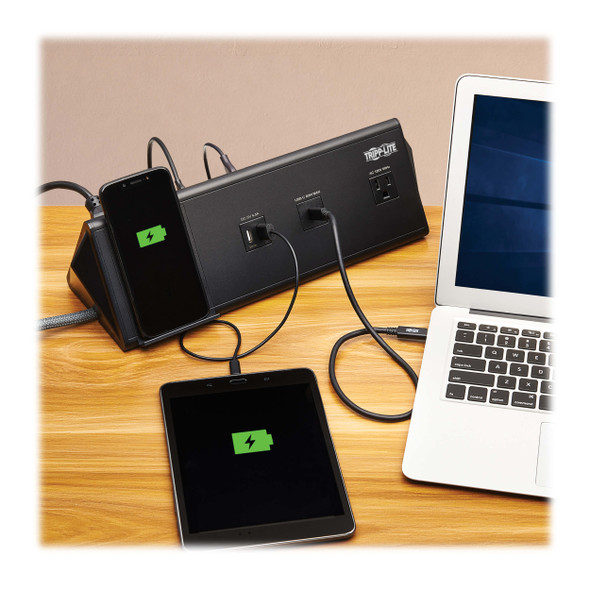 Tripp Lite Safe-IT 6-Port USB Charging Station - 2x USB-C 60W, 4x USB-A, 2x 5-15R, Wireless Charging, 1000 Joules, 10 ft. Cord, Antimicrobial Protection 037332271877