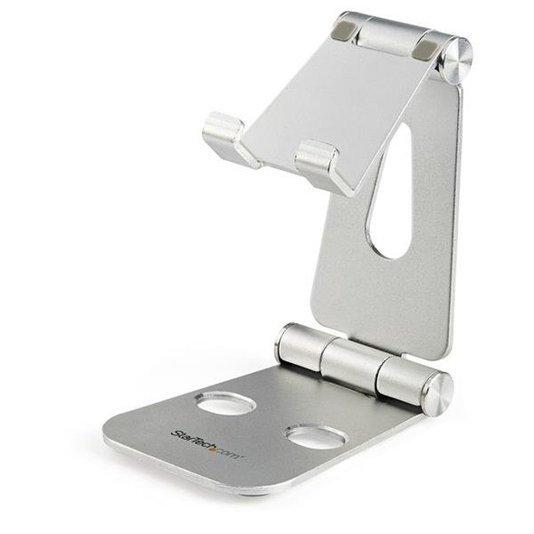 StarTech.com Phone and Tablet Stand - Foldable Universal Mobile Device Holder for Smartphones & Tablets - Adjustable Multi-Angle Ergonomic Cell Phone Stand for Desk - Portable - Silver 47055