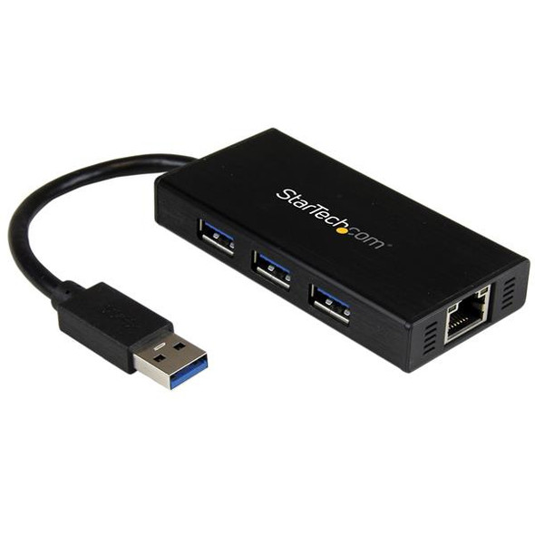 StarTech.com 3-Port Portable USB 3.0 Hub plus Gigabit Ethernet - Aluminum with Built-in Cable 48277