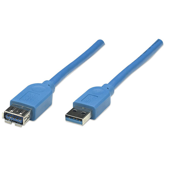 Manhattan USB-A to USB-A Extension Cable, 2m, Male to Female, Blue, 5 Gbps (USB 3.2 Gen1 aka USB 3.0), Equivalent to USB3SEXT2MBK (except colour), SuperSpeed USB, Lifetime Warranty, Polybag 766623322379