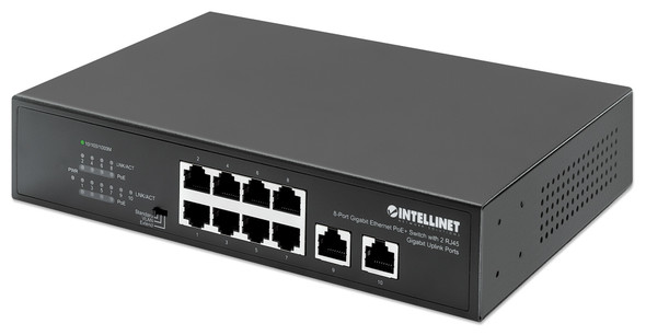 Intellinet 8-Port Gigabit Ethernet PoE+ Switch with 2 RJ45 Gigabit Uplink Ports, IEEE 802.3at/af Power over Ethernet (PoE+/PoE) Compliant, 120 W, Endspan, Desktop (WITH C14 2 PIN POWER CORD) 766623561402