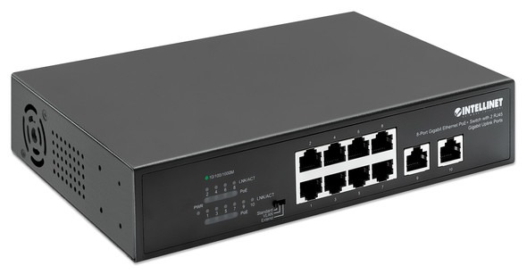 Intellinet 8-Port Gigabit Ethernet PoE+ Switch with 2 RJ45 Gigabit Uplink Ports, IEEE 802.3at/af Power over Ethernet (PoE+/PoE) Compliant, 120 W, Endspan, Desktop (WITH C14 2 PIN POWER CORD) 766623561402