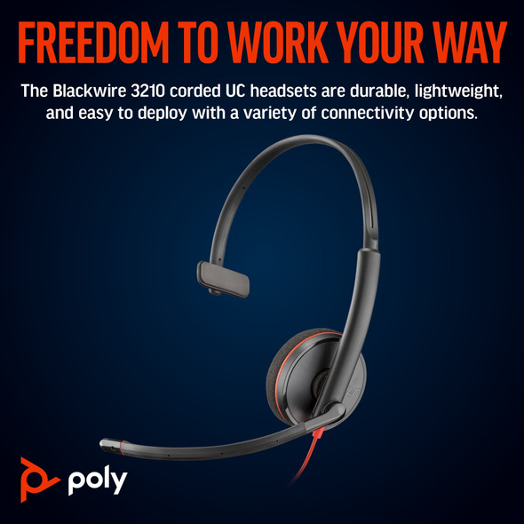 POLY Blackwire 3210 Monaural USB-C Headset +USB-C/A Adapter