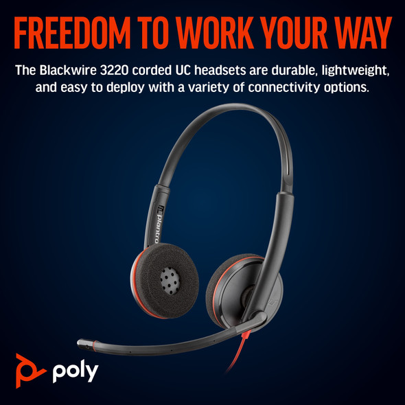 POLY Blackwire 3220 Stereo USB-C Headset +USB-C/A Adapter