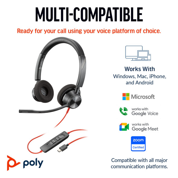 POLY Blackwire 3320 Stereo Microsoft Teams Certified USB-C Headset +USB-C/A Adapter