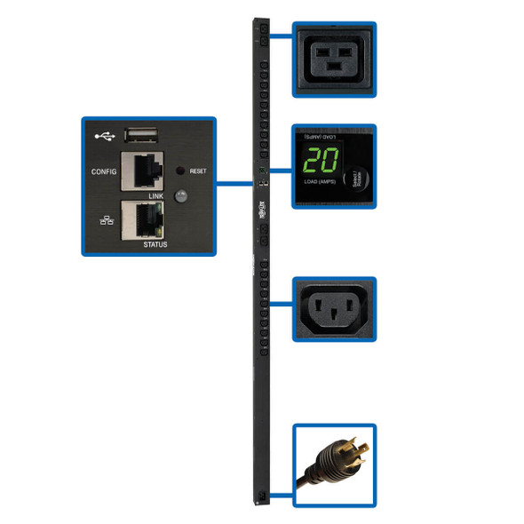 Tripp Lite PDUMV20HVNETLX 3.7kW Single-Phase Switched PDU - LX Interface, 208/230V Outlets (20 C13 & 4 C19), C20/L6-20P, 0U, TAA