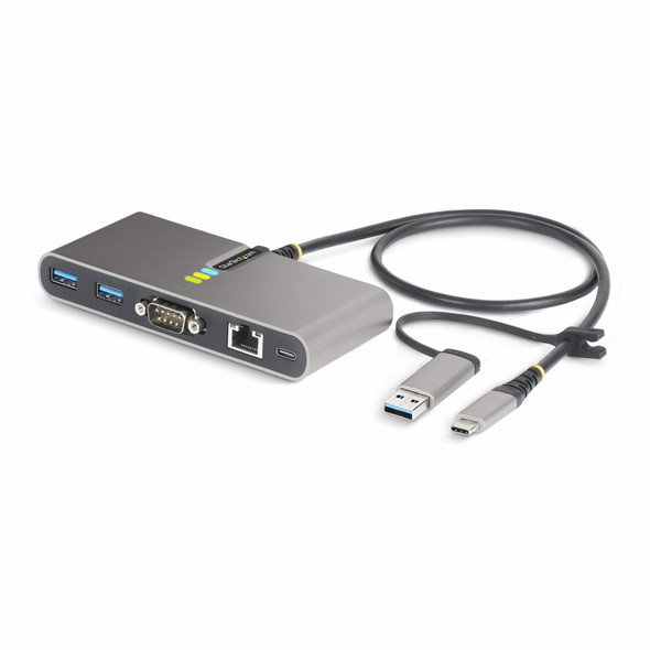 StarTech.com 2-Port USB-C Hub with Ethernet and RS-232, Attached USB-C to USB-A Dongle, 100W PD Pass-Through, 2x USB-A 5Gbps, Gigabit Ethernet, RS232 Serial (FTDI) 5G2A1SGBB-USB-C-HUB