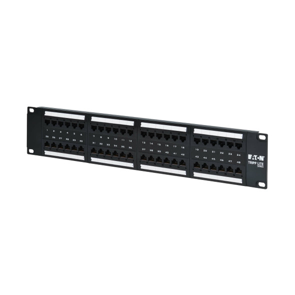Tripp Lite 48-Port Cat6 Patch Panel - 4PPoE Compliant, 110/Krone, 568A/B, RJ45 Ethernet, 2U Rack-Mount, Black, TAA N252-P48
