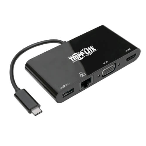 Tripp Lite USB 3.1 Gen 1 USB-C Adapter, 4K @ 30Hz - HDMI, VGA, USB-A Hub Port and Gigabit Ethernet, Black 93381