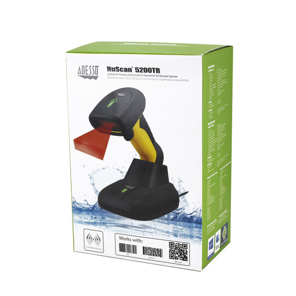 Adesso NuScan 5200TR - 2.4GHz RF Wireless Antimicrobial &amp; Waterproof 2D Barcode Scanner 105113