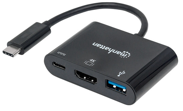 Manhattan USB-C Dock/Hub, Ports (x3): HDMI, USB-A and USB-C, With Power Delivery to USB-C Port (60W), 5 Gbps (USB 3.2 Gen1 aka USB 3.0), Equivalent to Startech CDP2HDUACP, Cable 8cm, Black, Three Year Warranty, Blister 105656