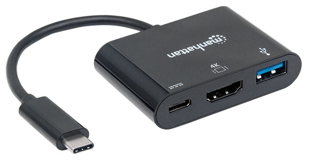 Manhattan USB-C Dock/Hub, Ports (x3): HDMI, USB-A and USB-C, With Power Delivery to USB-C Port (60W), 5 Gbps (USB 3.2 Gen1 aka USB 3.0), Equivalent to Startech CDP2HDUACP, Cable 8cm, Black, Three Year Warranty, Blister 105656