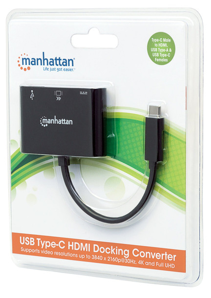 Manhattan USB-C Dock/Hub, Ports (x3): HDMI, USB-A and USB-C, With Power Delivery to USB-C Port (60W), 5 Gbps (USB 3.2 Gen1 aka USB 3.0), Equivalent to Startech CDP2HDUACP, Cable 8cm, Black, Three Year Warranty, Blister 105656