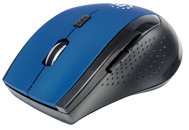 Manhattan Curve Wireless Mouse, Blue/Black, Adjustable DPI (800, 1200 or 1600dpi), 2.4Ghz (up to 10m), USB, Optical, Five Button with Scroll Wheel, USB micro receiver, 2x AAA batteries (included), Low friction base, Blister 105658