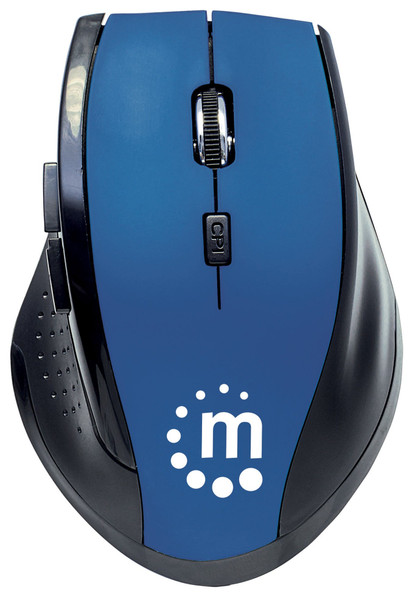 Manhattan Curve Wireless Mouse, Blue/Black, Adjustable DPI (800, 1200 or 1600dpi), 2.4Ghz (up to 10m), USB, Optical, Five Button with Scroll Wheel, USB micro receiver, 2x AAA batteries (included), Low friction base, Blister 105658