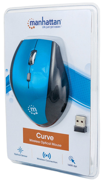 Manhattan Curve Wireless Mouse, Blue/Black, Adjustable DPI (800, 1200 or 1600dpi), 2.4Ghz (up to 10m), USB, Optical, Five Button with Scroll Wheel, USB micro receiver, 2x AAA batteries (included), Low friction base, Blister 105658