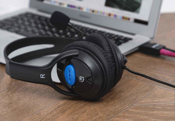 Manhattan Stereo Headset (Promo), Lightweight, adjustable microphone, in-line volume control, padded cloth ear cushions, two 3.5mm jack input plugs, cable 2m, Black, 3 year warranty, Box 105659