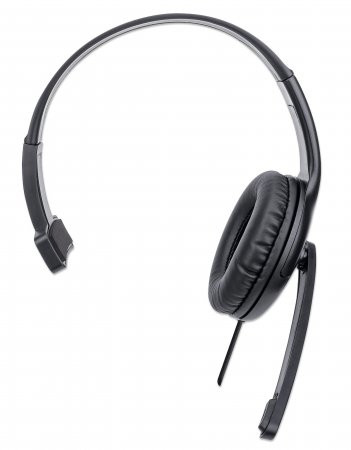 Manhattan Mono Over-Ear Headset (USB), Microphone Boom (padded), Retail Box Packaging, Adjustable Headband, In-Line Volume Control, Ear Cushion, USB-A for both sound and mic use, cable 1.5m, Three Year Warranty 115523