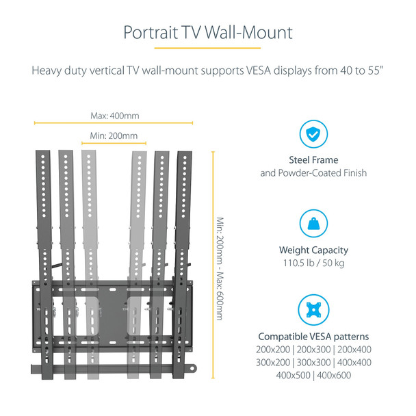 StarTech.com Portrait/Vertical TV Wall Mount - Heavy Duty TV Wall Mount - 40-55" VESA Display (110lb/50kg)- Tilting Low Profile Television Digital Signage Mount with Lockable Security Bar FPWTLTPORT