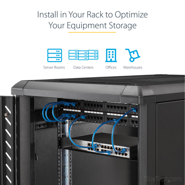 StarTech.com 2U Server Rack Shelf - Universal Rack Mount Cantilever Shelf for 19" Network Equipment Rack & Cabinet - Heavy Duty Steel – Weight Capacity 125lb/56kg - 18" Deep Tray, Black CABSHELFHD